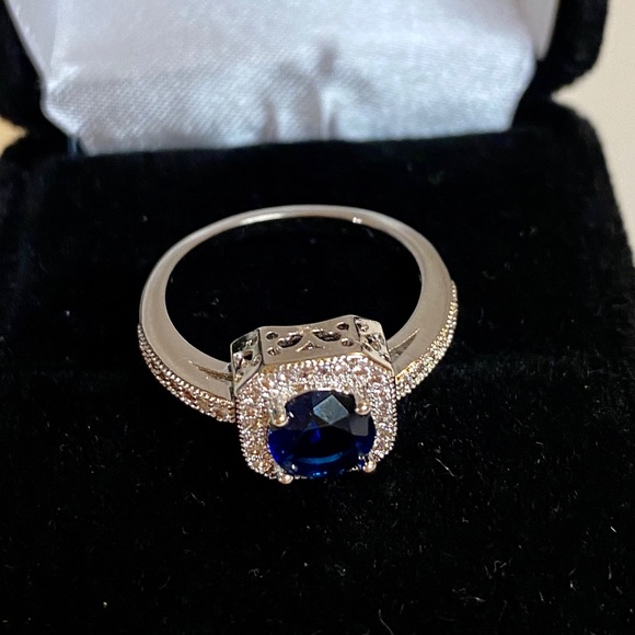 925 Sterling Silver Blue CZ Diamond Halo Ring - Picture 3 of 14